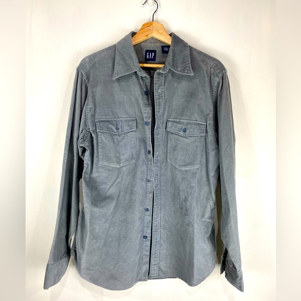Gap: Men's Shacket‎ Casual Full Button Up Down Flannel Shirt Gray Size Medium